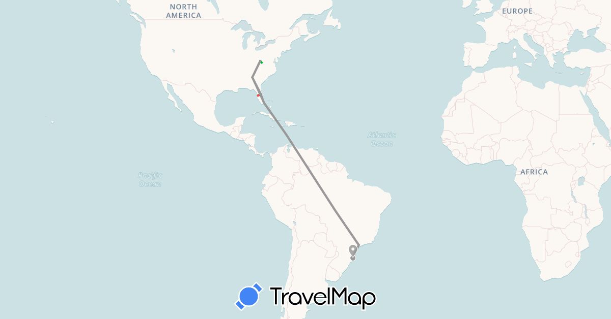 TravelMap itinerary: driving, bus, plane, hiking in Brazil, United States (North America, South America)